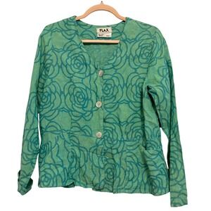 FLAX Linen Floral Print Button‎ Front Peplum Jacket Green Blue Small